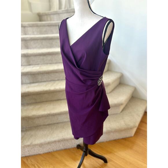 Alex Evenings Dark Purple Draped Embellished Sleeveless Sheath Dress - Picture 2 of 9